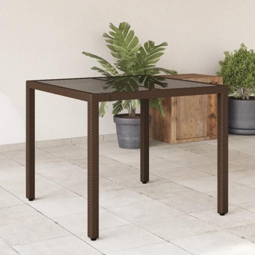 EMYRLXQW Outdoor Tisch Gartentisch mit Glasplatte braun 90x90x75cm Polyrattan von EMYRLXQW