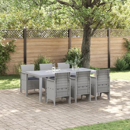 EMYRLXQW Outdoor-Tische - 7-teiliges Garten-Ess-Set mit Kissen, hellgrau, Polyrattan von EMYRLXQW