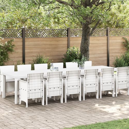 EMYRLXQW Outdoor-Tische für den Außenbereich, 13-teiliges Garten-Ess-Set mit Kissen, Polyrattan, Weiß von EMYRLXQW