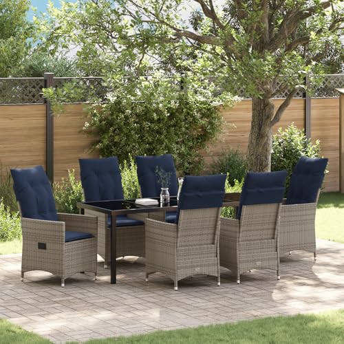 EMYRLXQW Outdoor-Tische für den Außenbereich, 7-teiliges Garten-Ess-Set mit Kissen, Polyrattan, Grau von EMYRLXQW