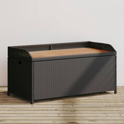 EMYRLXQW Sitzbank mit Stauraum, schwarz, 100 x 50 x 52 cm, Polyrattan und Akazienholz von EMYRLXQW