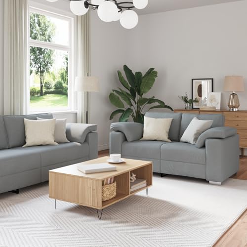 EMYRLXQW Sofas-3-teiliges Sofagarnitur mit Kissen in hellgrauem Stoff von EMYRLXQW
