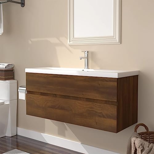 EMYRLXQW Waschbeckenunterschrank mit Einbaubecken braun Eiche Holzwerkstoff von EMYRLXQW