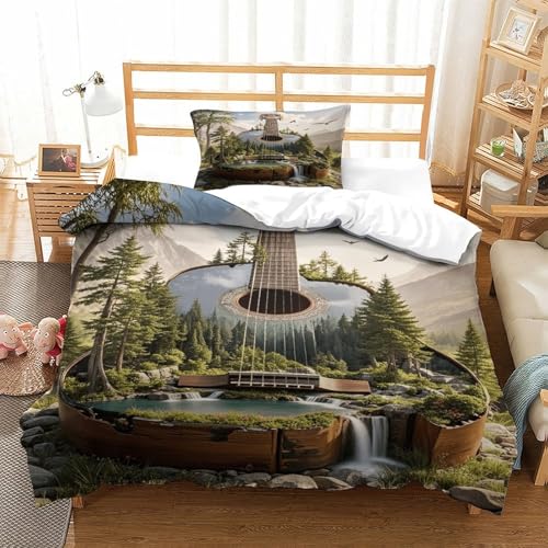 EMYXPAQM Gitarre Bettwäsche 3-TLG. Weiche Mikrofaser Gitarre Miniaturwald Bettbezug-Set Mit Reißverschluss Kissenbezüge Für Jugendliche Und Erwachsene Single（135x200cm） von EMYXPAQM