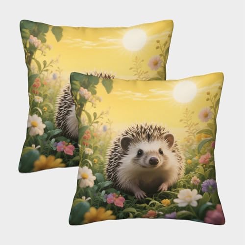 EMYXPAQM Igel Kissenbezug 2er Set Igel Pflanzen Blumen Kissenhülle Polyester Kissen Deko Bezug Für Garten Sofa Wohnzimmer Zuhause Deko 50x50cm von EMYXPAQM