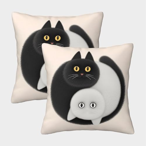 EMYXPAQM Katze Kissenbezug 2er Set Schwarz Weiß Katze Yin Yang Kissenhülle Polyester Zierkissenbezüge Für Sofa Wohnzimmer Zuhause Deko 50x50cm von EMYXPAQM