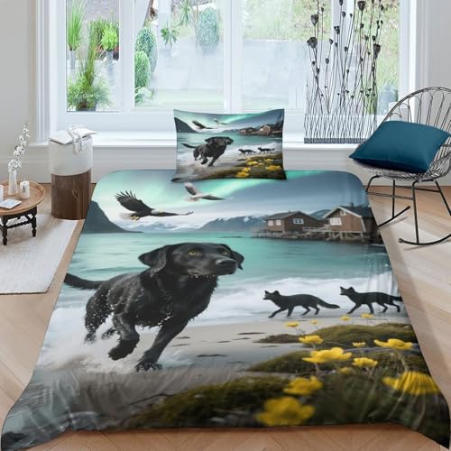EMYXPAQM Labrador Retriever Bettbezug-Set Weiche Mikrofaser Bettwäsche-Set Mit 3D Schwarzer Hund Küstendorf-Design Mit Reißverschluss & Kissenbezüge Für Kinder, Jungen Teenager Single（135x200cm） von EMYXPAQM