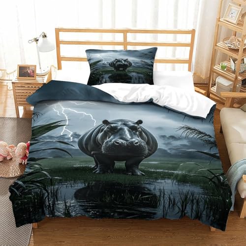 EMYXPAQM Nilpferd Bettwäsche 3-TLG. Weiche Mikrofaser Nilpferd Regen Gras Bettbezug-Set Mit Reißverschluss Kissenbezüge Für Jugendliche Und Erwachsene Single（135x200cm） von EMYXPAQM
