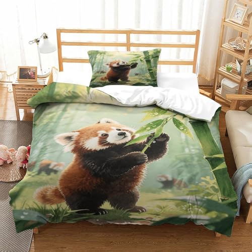 EMYXPAQM Roter Panda Bettwäsche 3-TLG. Weiche Mikrofaser Roter Panda Bambuswald Bettbezug-Set Mit Reißverschluss Kissenbezug Für Jugendliche Und Erwachsene Single（135x200cm） von EMYXPAQM