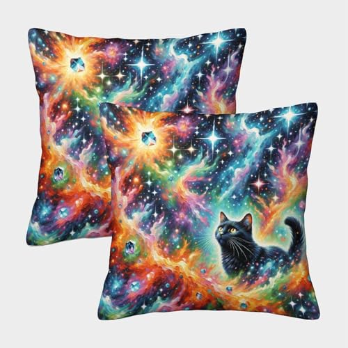 EMYXPAQM Schwarze Katze Kissenbezug 2er Set Schwarze Katze Bunte Nebel Kissenhülle Polyester Zierkissenbezüge Für Wohnzimmer Couch Indoor Garten Dekoration 50x50cm von EMYXPAQM