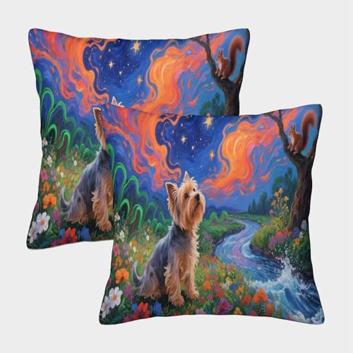 EMYXPAQM Yorkshire Terrier Kissenbezug 2er Set Hund Bunter Garten Kissenhülle Polyester Kissen Deko Bezug Für Sofa Schlafzimmer Gartenbett Dekoration 40x40cm von EMYXPAQM