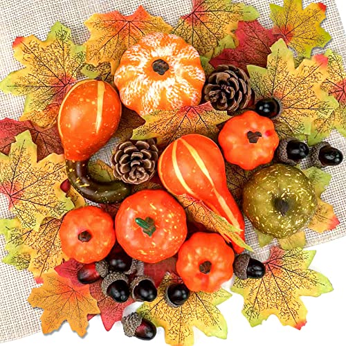 ENAIAH 50 Stück Künstliche Kürbisse Set, Mini Künstliche Kürbisse Thanksgiving Dekoration Set Eicheln,Tannenzapfen,Ahornblätter, Für Herbst Thanksgiving Halloween Home Draussen Party Dekoration (50) von ENAIAH