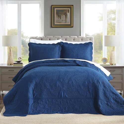 ENASAL Blau Tagesdecke aus Baumwolle 240x260cm,Bettüberwurf Steppdecken250x270cm für Doppelbett, Paisleymuster Bettdecken Sofadecken für alle Jahreszeiten, Marineblau von ENASAL