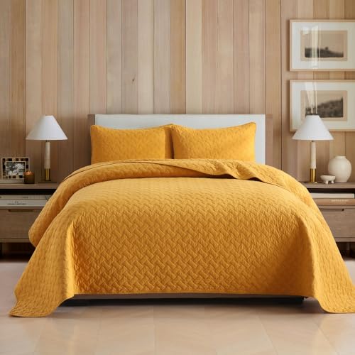 ENASAL Tagesdecken Bettuberwürf aus Baumwolle 220x240cm mit 2 Kissenbezüge für Doppelbett, 3 teilig Steppdecke Bettdecke weiche Ganzjahresdecke, Strickmuster Gelb, 230x250cm von ENASAL