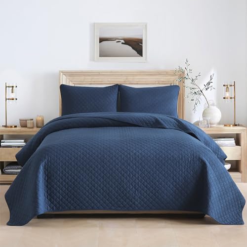 ENASAL Tagesdecken Bettuberwürf aus Baumwolle 220x240cm mit 2 Kissenbezüge für Doppelbett, 3 teilig Steppdecke Bettdecke weiche Ganzjahresdecke,Rautenmuster Blau, 230x250cm von ENASAL
