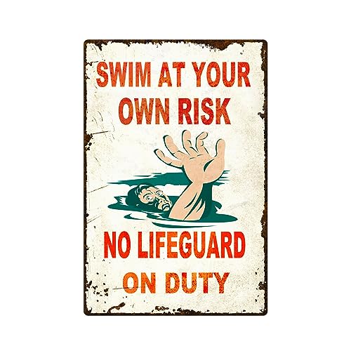 Vintage Pool Metallschild Swim At Your Own Risk No Lifeguard On Duty Lustiges Pool Rules Blechschild für Schwimmbad, 20,3 x 30,5 cm von ENBIDAVI