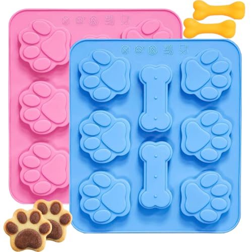 Silikonformen mit Hundepfoten- und Knochenmotiv, 2-in-1-Design, 8 Mulden pro Form (6 Pfoten + 2 Knochen), Lebensmittelqualität für Hundeleckerlis, Schokolade, Backen, antihaftbeschichtet, leicht zu von ENBRWAS