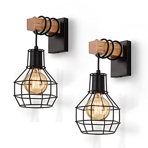 ENCOFT 2er Wandleuchte Vintage Innen Wandlampe Schwarz Industrial Retro Lampe aus Metall und Holz E27 für Treppenhaus Flur Cafe Bar Restaurant Hotel Wohnzimmer (Ohne Leuchtmittel) von ENCOFT