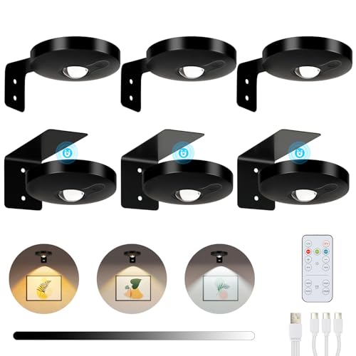 ENCOFT Bilderleuchte Kabellos Dimmbar Bildbeleuchtung Led Spot Akku Schwarz Bilderlampe mit 3 Farbtemperaturen Picture Light mit Fernbedienung Magnetische Timer(6 Pack von ENCOFT