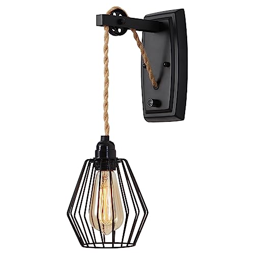 ENCOFT Wandleuchte mit Schalter Dimmable Vintage Wandlampe Industrial Eisen Käfig Design E27 Lampe Riemenscheibe und Hanfseil Design für Treppenhaus Hotel Schlafzimmer Wohnzimmer(Keine Glühbirnen) von ENCOFT