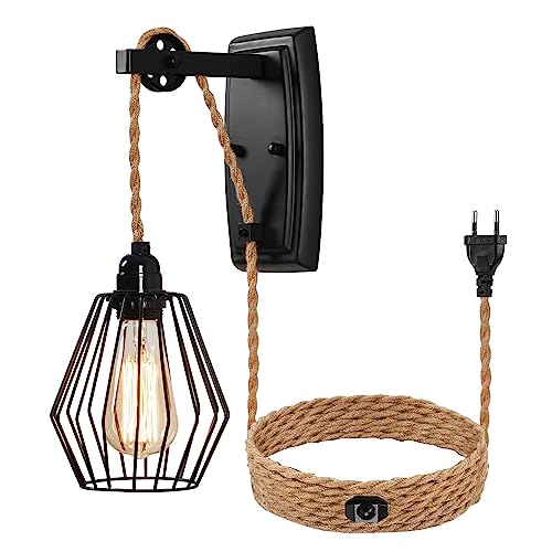 ENCOFT Wandleuchte mit Steckerkabel Vintage Wandlampe mit Schalter Dimmable Industrial Eisen Käfig E27 Lampe Riemenscheibe und Hanfseil für Treppenhaus Schlafzimmer Wohnzimmer(Keine Glühbirnen) von ENCOFT