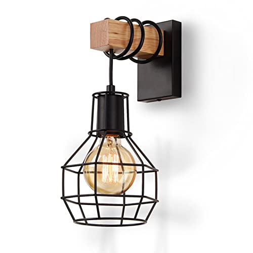 ENCOFT Wandleuchten Innen Vintage Retro Wandlampe Industrial Käfig Lampe aus Eisen und Holz E27 für Treppenhaus Hotel Schlafzimmer Wohnzimmer (1 Pack) von ENCOFT