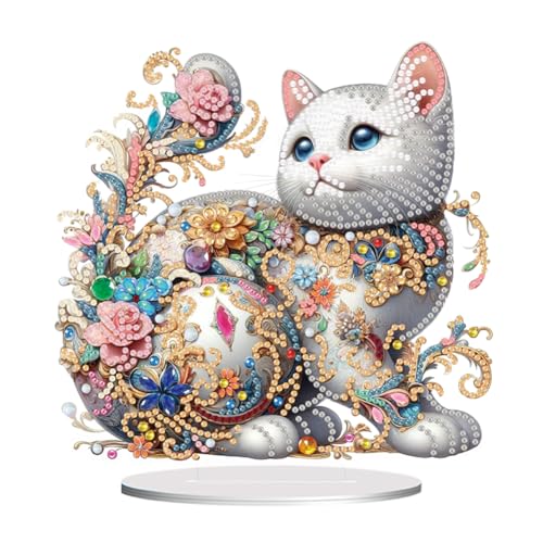 ENCOMAG 5D Diamond Painting Katze Deko,Diamant Malerei Bilder Kit Katze Tisch Dekoration,Handwerk Applique Mosaik Dekoration,DIY Diamant Malerei Geschenk dekorationen für Home Office Desktop von ENCOMAG