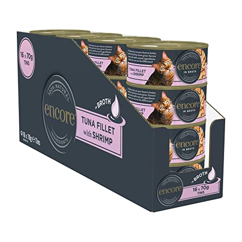 Encore 100% natürliches Premium Nassfutter für Katzen, Thunfischfilet mit Shrimps in Brühe für erwachsene Katzen - Packung mit 16 x 70g Dosen von ENCORE