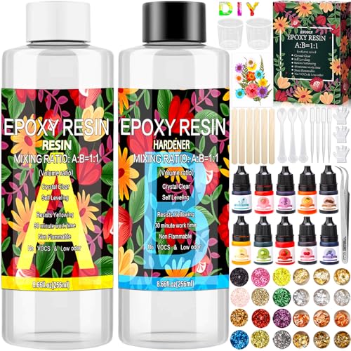 ENCOUN Epoxidharz Set Anfänger 510ml, 1: 1-Verhältnis Glasklar Gießharz Sets, Harz Gießen Zubehör mit Glitzer, Holzstäbchen, Messbecher, Epoxidharz Anfänger Sets für Handwerk, Kunstprojekt von ENCOUN