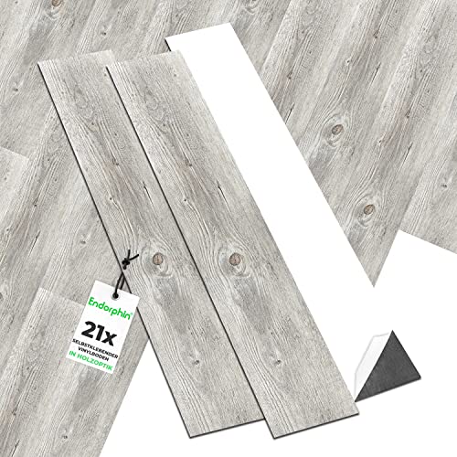 PVC Bodenbelag in Beigegrau - Vinylboden mit Holz-Optik aus recyceltem Material - 91,44 x 15,24 x 0,2cm - 21 Stück für circa 2,93qm - Selbstklebender Holzboden - Klebefliesen von ENDORPHIN