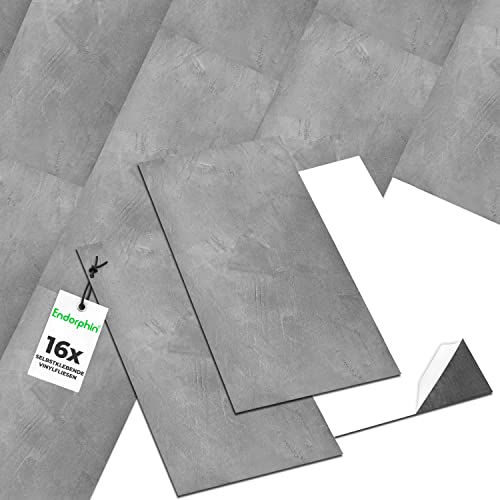 ENDORPHIN® PVC Bodenbelag in Hellgrau | Vinylboden mit Betoneffekt | Selbstklebend | aus recyceltem Material | | 60,96 x 30,48 x 0,2cm | 16 Stück für circa 2,97qm | Klebefliesen von ENDORPHIN