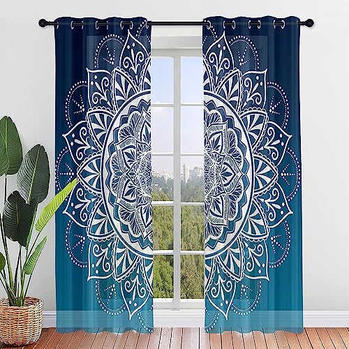 ENEN 2er Set Scheibengardinen, Modern Halbtransparent Bistrogardine, Schlaufengardinen Gardinen Küche, Türgardine für Kleine Fenster Küche Wohnzimmer Landhaus (107x160cm,Mandala Dunkelblau) von ENEN