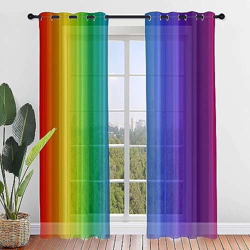 ENEN 2er Set Scheibengardinen 3D Regenbogen Halbtransparent Bistrogardine, Schlaufengardinen Gardinen Küche, Türgardine für Küche Wohnzimmer Landhaus (140x213cm,Buntes) von ENEN