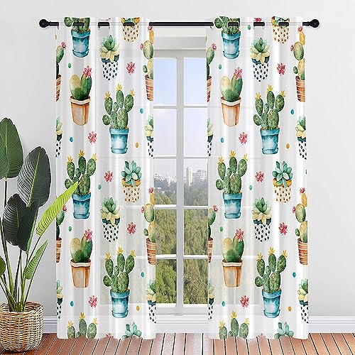 ENEN 2er Set Scheibengardinen Modern Halbtransparent Bistrogardine, 3D-Grüner Kaktus Schlaufengardinen Gardinen Küche, Türgardine für Schlafzimmer oder Wohnzimmer (Kaktus,80x115cm) von ENEN