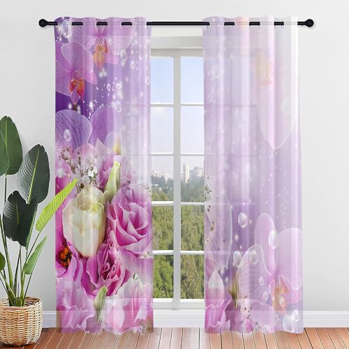 ENEN 2er Set Scheibengardinen Modern Halbtransparent Bistrogardine, 3D Königinnenrosen Schlaufengardinen Gardinen Küche, Türgardine für Schlafzimmer Wohnzimmer (Violett,132x213cm) von ENEN