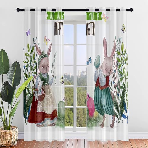 ENEN 2er Set Scheibengardinen Modern Halbtransparent Bistrogardine, 3D-Osterhase Schlaufengardinen Gardinen Küche, Türgardine für Kleine Kinderzimmer Wohnzimmer (80x115cm,Ostern) von ENEN