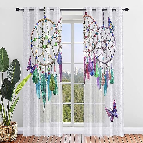ENEN 2er Set Scheibengardinen Modern Halbtransparent Bistrogardine, 3D-Traumnetz Muster Schlaufengardinen Gardinen Küche, Türgardine für Büro Dekoration Wohnzimmer (132x213cm,Rundes Netz) von ENEN