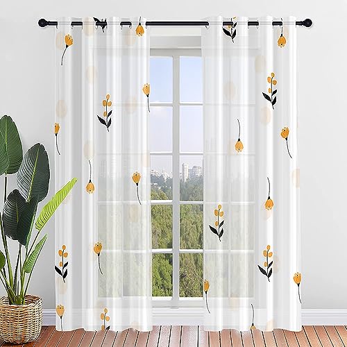 ENEN 2er Set Scheibengardinen Modern Halbtransparent Bistrogardine, 3D-Vintage Blumen Schlaufengardinen Gardinen Küche,Türgardine für Kleine Kinderzimmer Wohnzimmer (140x160cm,Gelbe Blume) von ENEN