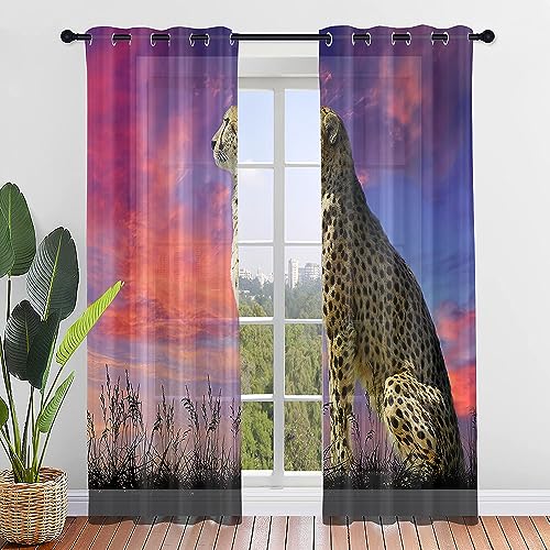 ENEN 2er Set Scheibengardinen Modern Halbtransparent Bistrogardine, 3D Wilder Gepard Schlaufengardinen Gardinen Küche, Türgardine für Kleine Fenster Küche Wohnzimmer (55x95cm,Leopard) von ENEN