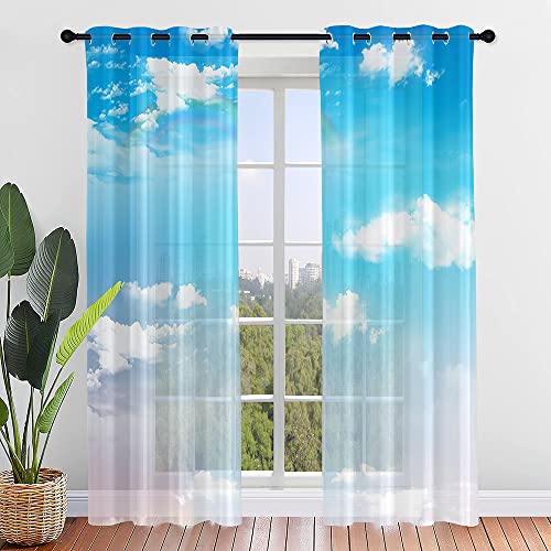 ENEN 2er Set Scheibengardinen Modern Halbtransparent Bistrogardine, Farbige Wolken Schlaufengardinen Gardinen Küche, Türgardine für Schlafzimmer Wohnzimmer (107x160cm,Blau) von ENEN