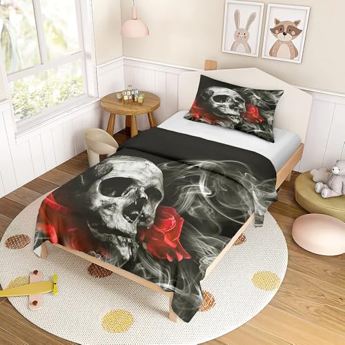 ENEN Bettwäsche-Sets Kinder Bettwäsche Set, Halloween-Skelett 3D Kuschel Bettbezug mit Kissenbezug Reißverschluss für Mädchen Jungen (grau,220x240cm+80x80cm) von ENEN