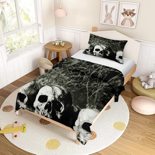 ENEN Bettwäsche-Sets Kinder Bettwäsche Set, Halloween-Skelett 3D Kuschel Bettbezug mit Kissenbezug Reißverschluss für Mädchen Jungen (schwarz,220x260cm+80x80cm) von ENEN