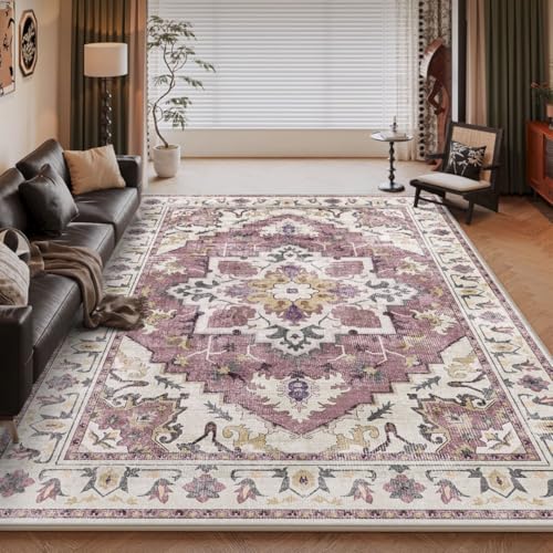ENEN Großer Teppich Wohnzimmer, Teppich Weich Kurzflor rutschfest Bodenmatte Boho Vintage Waschbare Teppiche für Schlafzimmer Kinderzimmer Esszimmer Büro Bereich Dekor (Retro-Lila,91x152cm) von ENEN