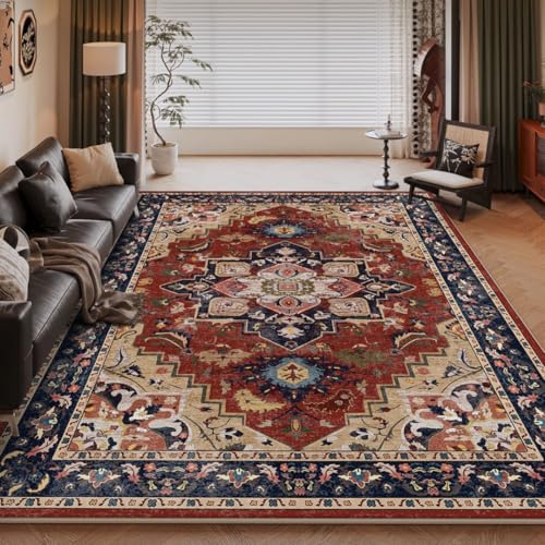 ENEN Großer Teppich Wohnzimmer, Teppich Weich Kurzflor rutschfest Bodenmatte Boho Vintage Waschbare Teppiche für Schlafzimmer Kinderzimmer Esszimmer Büro Bereich Dekor (Retro-Rot,80x120cm) von ENEN