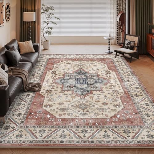 ENEN Großer Teppich Wohnzimmer, Teppich Weich Kurzflor rutschfest Bodenmatte Boho Vintage Waschbare Teppiche für Schlafzimmer Kinderzimmer Esszimmer Büro Bereich Dekor (Rot,61x91cm) von ENEN