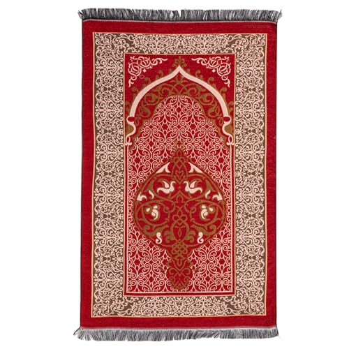 ENEN Muslimischer Gebetsteppich Islam Gebet Teppich Prayer Mat mit Quaste, Retro Weiche Tragbar Reise Gebetsteppich, Eid Mubarak Ramadan Islamische Geschenke für Frauen Männer (70x110cm,Rot) von ENEN