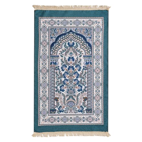 ENEN Muslimischer Gebetsteppich Islam Gebet Teppich Prayer Mat mit Quaste, Weiche Tragbar Reise Gebetsteppich, Eid Mubarak Ramadan Islamische Geschenke für Frauen Männer (70x110cm,Grün) von ENEN