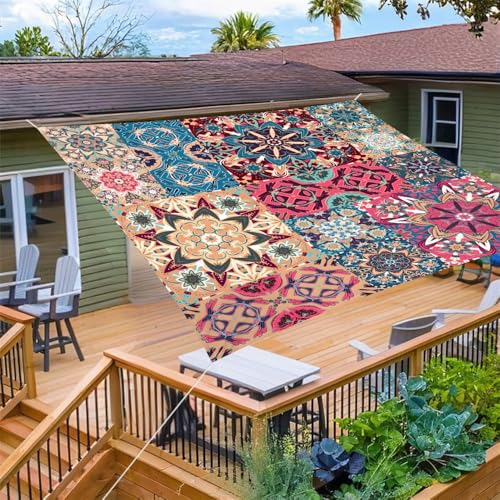ENEN Sonnensegel Wasserdicht Quadrat Sonnensegel Balkon Sonnenschutz Schutz Windschutz Schattennetz Camping Reißfest Wetterfest für Garten Terrasse (Orange Karierte Blume,2x2m) von ENEN