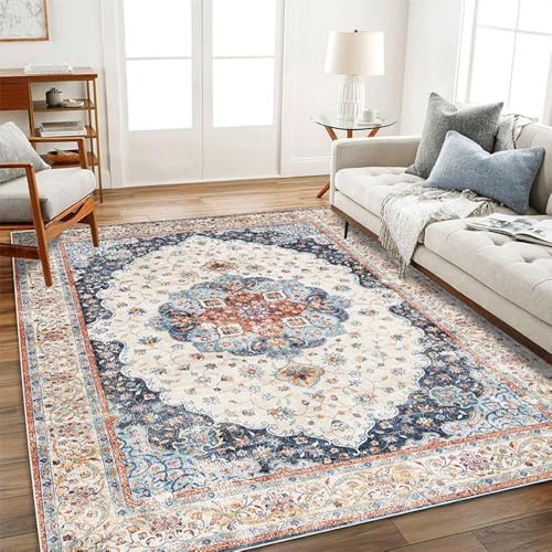 ENEN Teppich Wohnzimmer Großer, Teppich Weich Kurzflor rutschfest Bodenmatte Vintage Boho Waschbare Teppiche für Schlafzimmer, Kinderzimmer Esszimmer Büro Bereich Dekor (Beige,120x150cm) von ENEN