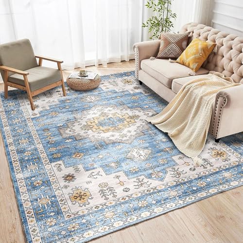 ENEN Teppich Wohnzimmer Großer, Teppich Weich Kurzflor rutschfest Bodenmatte Vintage Boho Waschbare Teppiche für Schlafzimmer, Kinderzimmer Esszimmer Büro Bereich Dekor (Blau,100x160cm) von ENEN